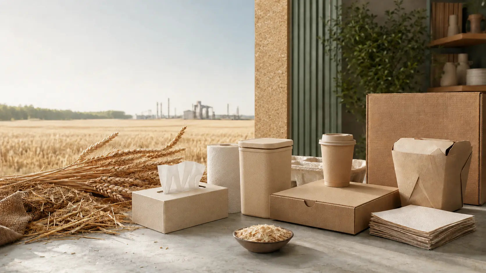 Wheat straw beside paper packaging tissue products a fiber panel and a rigid plant-fiber container